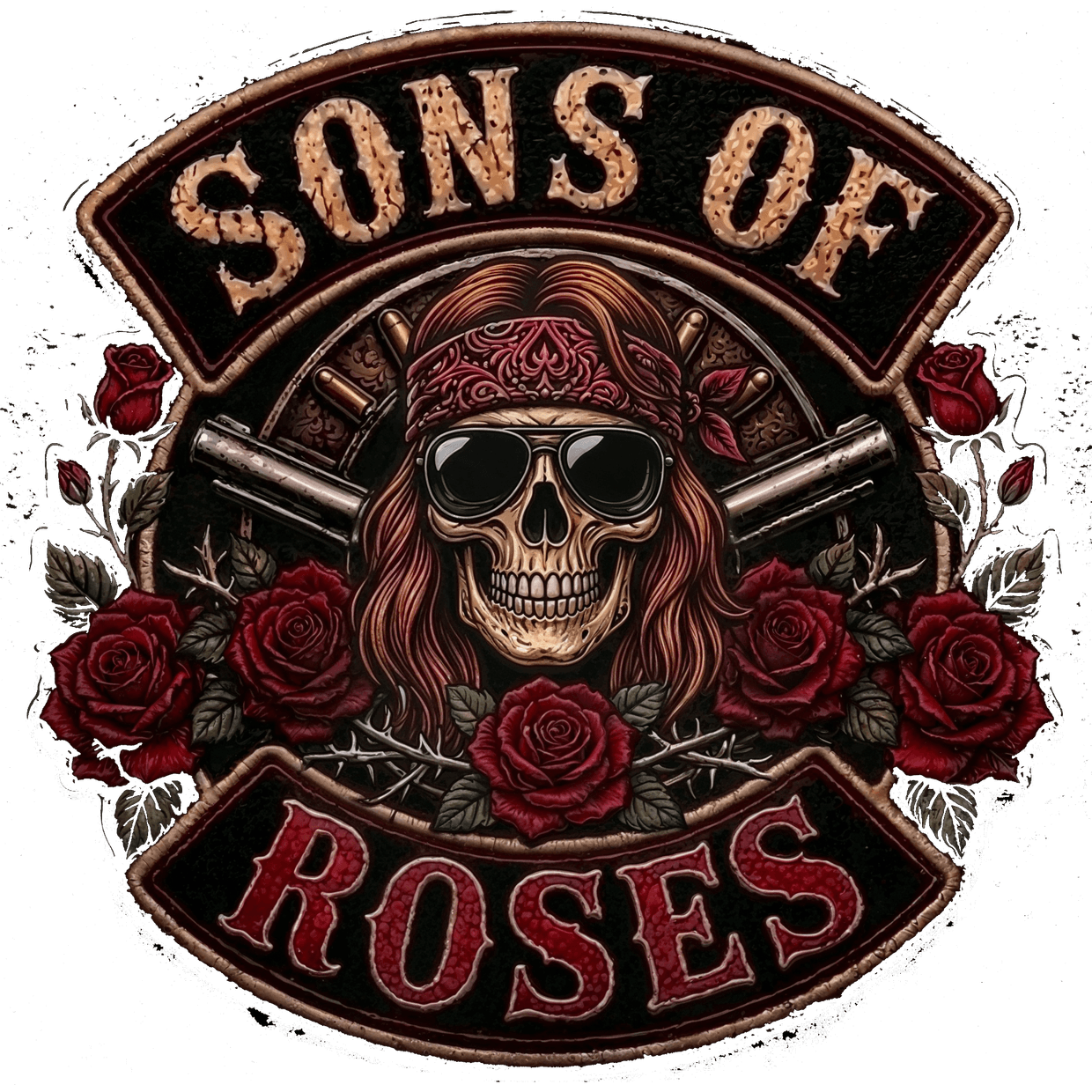Sons of Roses — biker-patch logo: a sunglasses-wearing skull in a red bandana with crossed pistols and roses